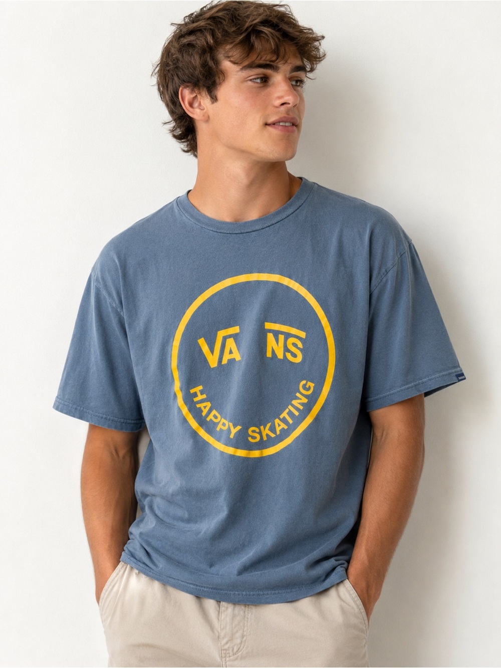 Vans Blue Short-Sleeve Tee with Yellow Happy Skating Logo Size Large